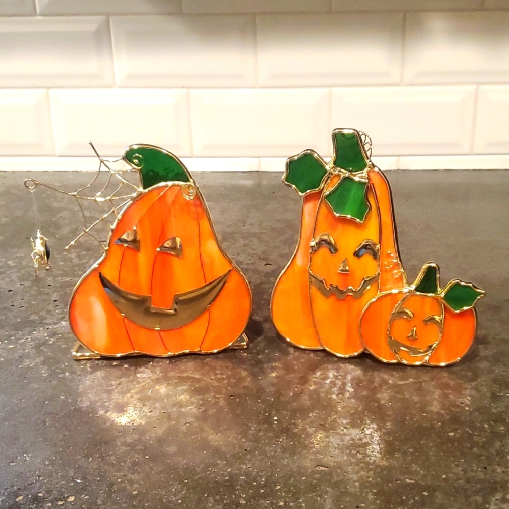 2 Stained glass pumpkin tealights